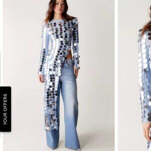 Nasty Gal Silver Sequin Long Sleeve Top